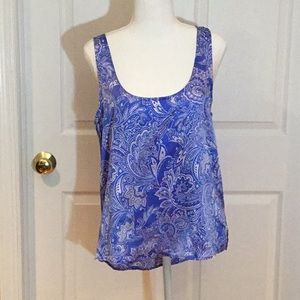 Moon & Meadow Silk top- Blue & white u neck